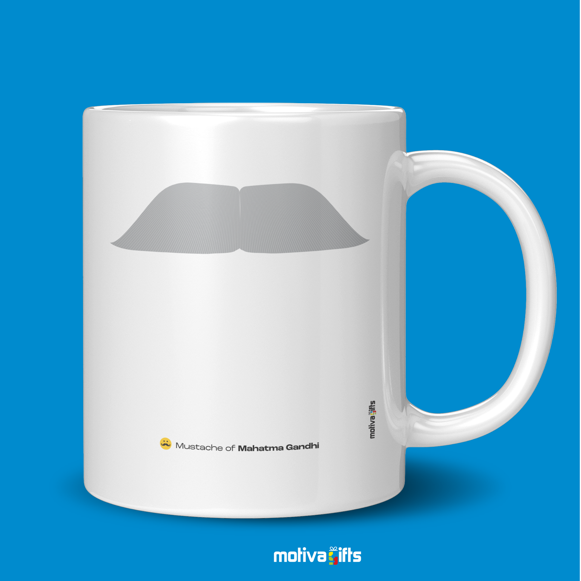 Right view of white coffee mug with gray mustache design inspired by Mahatma Gandhi. By Motiva Gifts