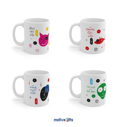 Left side of four white 11 oz mugs, each showing different art: Alice's cat smile, Japanese fish, French counts, and Smile of the Star, all designed by Motiva Gifts