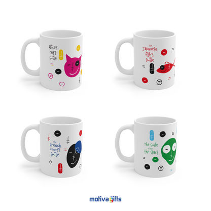 Left side of four white 11 oz mugs, each showing different art: Alice cat smile, Japanese fish, French counts, and Smile of the Star, all designed by Motiva Gifts